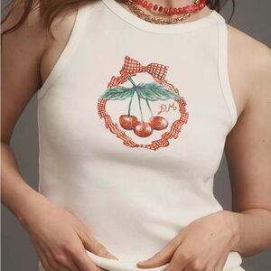 NWT Damson Madder White Muscle Tee with Cherry Embroidery